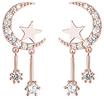 Reffeer Massive 925 Sterling Silber Halbmond Stern Ohrringe Ohrstecker für Frauen Teenager CZ Mond Ohrstecker Stern Quaste Ohrringe (C-Rose Gold Plated)