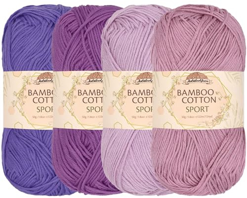 JubileeYarn, Filato di cotone e bambù sportivo, 4 matasse, 50 g/matassa, sfumature di tonalità di viola