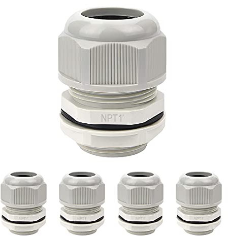 LeMotech 5 Pack NPT 1 Cable Glands Waterproof Adjustable 18-25mm Cable Connectors Black Grey Joints with Gaskets
