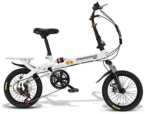 JHNEA Faltrad Klapprad, 16 Zoll 7 Gang Kohlenstoffstahlrahmen Fahrrad Klappfahrrad mit Ständer Gepäckträger Komfortsattel und Schutzbleche für Herren, Damen,White-D