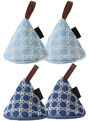 ACMEDE Guanti da Forno Conici Appesi Guanti da Forno Resistenti al Calore Presina Tessuti Misti Cappello Conico Impugnature Pizzico Stile Giapponese per Cucina, Cotone e PU (4pz-Azzurro+Blu)