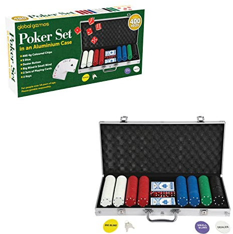 Global Gizmos 50559 400 Piece Poker Set / 4g Chips/Contains Chips, Dice & Cards/Portable Casino Style Carry Case/Texas Hold’Em, Blackjack and More, Silver