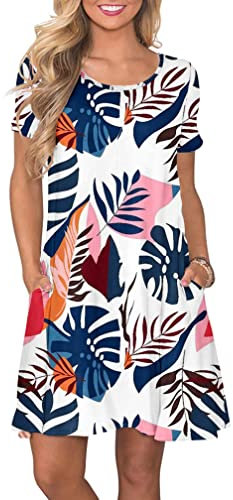AUSELILY Women's Summer Dresses Casual T-Shirt Short Sleeve Dress Loose Swing Short Dress with Pockets, Blue Plantain XXL