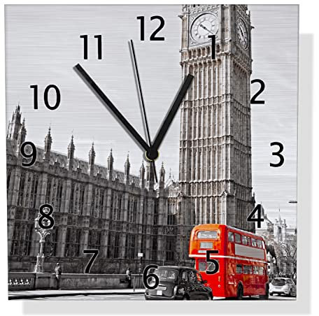 Wallario Design Wanduhr London Red Bus aus Aluverbund, Alu-Uhr Größe 30 x 30 cm, Schwarze Zeiger mit Metalloptik