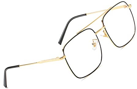 Blaulichtfilter Brille mit Großer Rahmen, Übergroß Rechteckig Brille Ohne Stärke Damen und Herren, Fake Brille für Anti Blaulicht von Computer, Metallrahmen mit Frühlings Scharnieren (Black Gold)