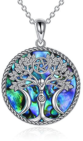 YAFEINI Triple Moon Goddess Necklace Sterling Silver Pentagram Pentacle Tree of Life Pendant Necklace Pagan Wiccan Magic Amulet Jewellery for Women Men (A-Abalone Triple Moon Necklace)