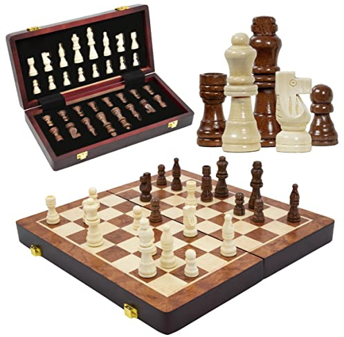 Global Gizmos 81129 Folding Wooden Chess Set/Portable Travel Chess Board/Folding Table with Storage / 29x29cm Size/Rustic Wooden Design