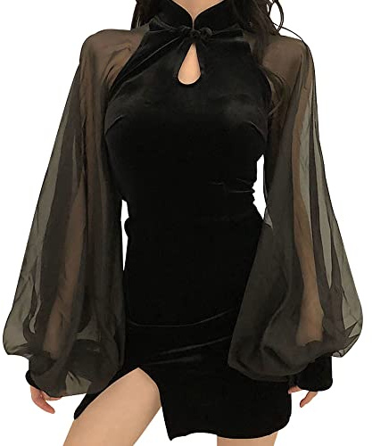 YUDATPG Cheongsam Kleid, V-Ausschnitt, Bodycon, Mini, Wickelkleid | Slim Fit, Sexy, Mesh, Geteilter Saum, Party Clubwear