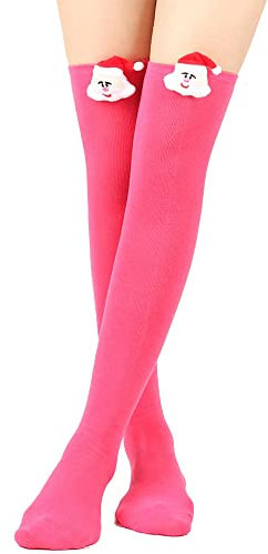 FGFD&OU Chaussettes Hautes Montantes Femme Chaussettes de Genoux Longues Chauffantes para Sport Cosplay Chaussettes de Noël pour Femmes (Xmas-Rose)