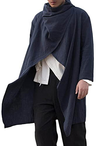 Beokeuioe Uomo cotone e lino mantello lungo mantello irregolare a maniche lunghe cappotto uomo cotone lino stretta vestibilità hippie bottone moda tinta unita camicie casual, Blu, L