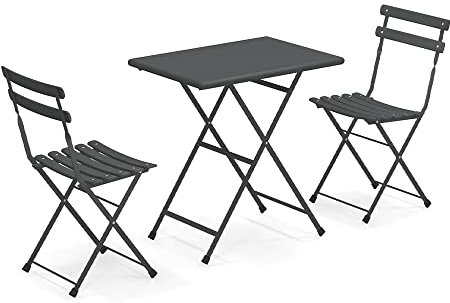 Mondo Verde Garden Klappbares Esszimmer-Set aus Stahl, 2 Stühle + Beistelltisch 70 x 50 cm Emu