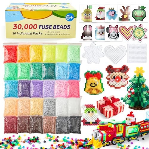Inscraft Bügelperlen Set, 30000 teilige große Bügelperlen 5mm, 30 Farben Bügelperlen xl, Bügelperlen groß mit 10 Bügelpapier