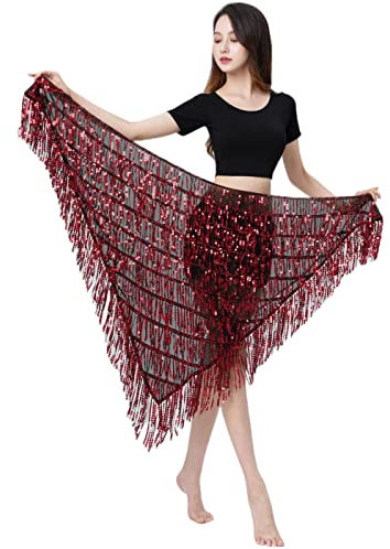 MUNAFIE Bauchtanz Hüfttuch, Pailletten Fransen Glitzer Rock Rave Festival Outfit Damen Schwarz Rot