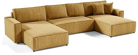 Ecksofa Parys U Eckcouch mit Schlaffunktion und Bettkasten U-Form Polsterecke aus Cord-Bezug 390 cm Ecke u-förmig, Farbe: Gelb, Poso 01