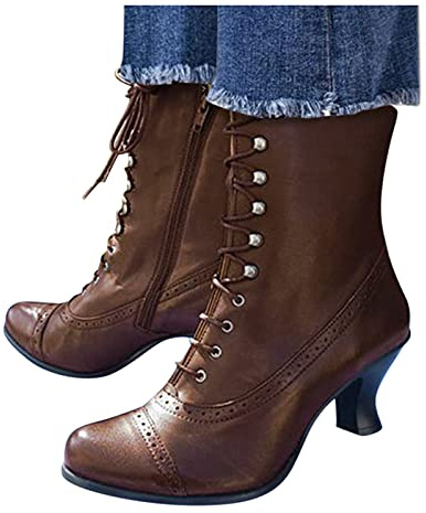 Botines para mujer con tacón, estilo victoriano, vintage, gótico, con cordones, de piel, clásicas, de media caña medieval, retro, para boda, Oktoberfest