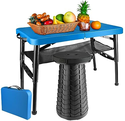 maliven Tragbares Klapptisch und Hocker-Set, leicht, zusammenklappbar, Tisch und Hocker für Camping, Picknick, Strand, Angeln, stabiler kleiner Outdoor-Tisch mit Netzschicht-Aufbewahrung, Blau