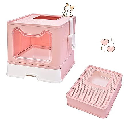 XUANYU Grande Bac à Litière pour Chat Fermée, Grande Maison de Toilette Chat Pliable avec Couvercle, Tiroir à Litière avec Pelle, WC pour Chats, Jusqu'à 7 kg/15 lbs (Rose XL-51×41×38 cm)