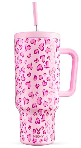 Meoky 40 oz Tumbler with Handle and Straw, Tumbler with Lid and Straw, Insulated Stainless Steel Travel Mug, 100% Leak-proof, Keeps Cold for 34 Hours or Hot for 10 Hours (Love)