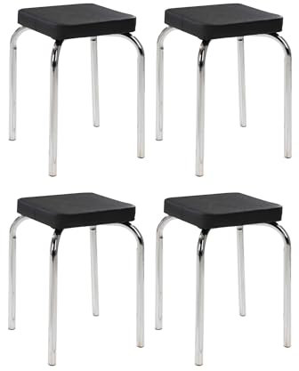 Home4You Sitzhocker 4er Set - Stapelbar - Belastbar bis 90 kg - 36x47x36 cm - Schwarz - Chromfarben - Metall - Kunstleder - Metallhocker Stapelhocker Küchenhocker