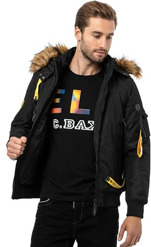 Cipo & Baxx Herren Mantel CM220 Schwarz – Stylische Winterjacke im modernen Design mit warmem Innenfutter, abnehmbarer Kapuze und funktionalen Details für kalte Tage - CM220 Schwarz S