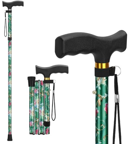 supregear Faltbarer Gehstock - Gehstock Klappbar, Höhenverstellbarer Spazierstock, Flexibler Leichter Reisestock, Zusammenklappbare Gehhilfe zur Balance, für Männer und Frauen, Grün Blumen