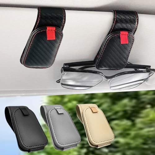 Teoenix Sunglass Holder for Car, 2 Pack Car Sunglass Holder Visor Clip Magnetic Leather Sun Glasses Eyeglass Hanger, Fit for Different Size Eyeglasses, Carbon Fiber Black/Red