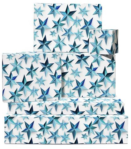 Geschenkpapier Weiß – Stern – 6 Blatt Geschenkpapier Für Männer, Frauen, Kinder – Blaue Metallische Sterne – Für Geburtstag, Jahrestag, Weihnachten – Recycelbar – Von Central 23