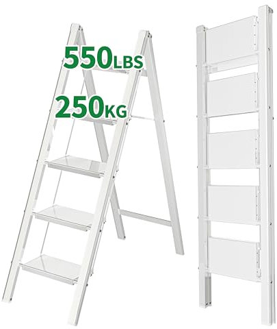 YOUTHCLUB 5 Step Aluminum Ladder, Lightweight Folding Step Stools for Adults with Wide Anti-Slip Pedal, 550 lbs Capacity, sturdy Portable Household and Office Stepladder, Space-Saving, White