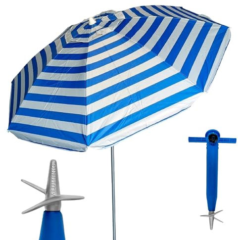 Pincho Sombrilla Playa Grande 200 cm, Antiviento con Protección UV50+, Tubo de Aluminio y 8 Varillas de Fibra de Vidrio, Reclinable con Ventana Superior, Incluye Punta de Aluminio.