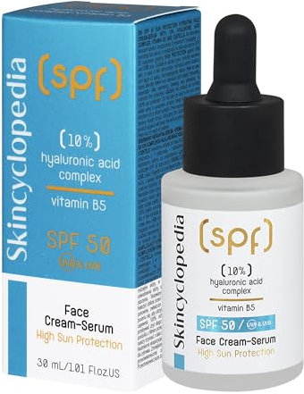 Skincyclopedia Sonnenschutz Hyaluron Serum, LSF 50 Gesichtsserum mit 10% Hyaluron-Komplex und Vitamin B5, Face Sun Protection with SPF 50, UVA und UVB, Sonnenschutz mit hohem Breitspektrumschutz, 30ml