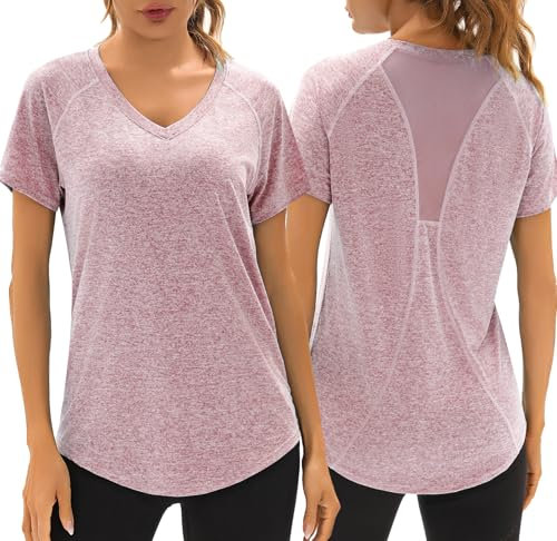 Wayleb Sport T-Shirt Damen V-Ausschnitt Sportshirt Kurzarm Oberteile Sommer Funktionsshirt Leichtes Atmungsaktiv Back Mesh Laufshirt Fitness Yoga Top Sportbekleidung, Hellrosa-lila S
