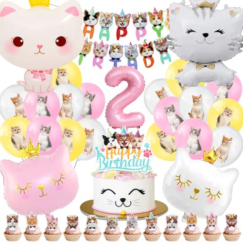 Katzen Deko Geburtstag 2 Jahre,Katzen Luftballons 51 Pcs,Katzen Kindergeburtstag Party Deko,Katze Ballons Helium,Katze Kinder Geburtstagsdeko Mädchen Jungen,Tiere Haustier Deko Folienballon Kit