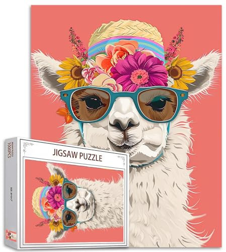 Tucocoo Weißes Alpaka-Puzzles für Erwachsene, 1000 Teile, niedliche Tiere mit Blumen, Hut, Sonnenbrille, Kunst-Puzzle, Bunte DIY-Puzzles für Heimdekoration, Familienpuzzle, perfekt für Spieleabende