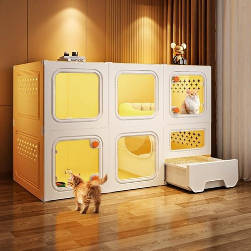 Large Indoor Yellow Cat Enclosure, 2-Tier Catio with Transparent Windows and Knob Locks, Cat Condo with Litter Box Drawer (70x45x105cm)
