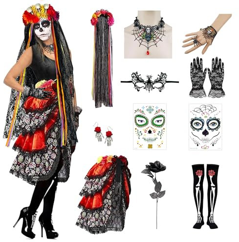 Cdithy Halloween Tag der Toten Kostüm Haarreif Gothic Schmuck für Erwachsene Damen, 10 in 1 Halloween Dia De Los Muertos Accessoire mit Kleid Haarschmuck Tattoo Strumpfhose Ohrringe Handschuhe Kette