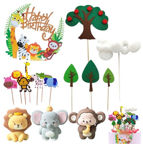 Tortendeko Set Waldtiere – 1 großes Tierblatt, 3 Tierfiguren (Elefant, Affe, Löwe), 7 kleine Tierstecker, 4 Filzbäume, 1 Wolkenstecker – Wiederverwendbar, ungiftig, ideal für Kindergeburtsta
