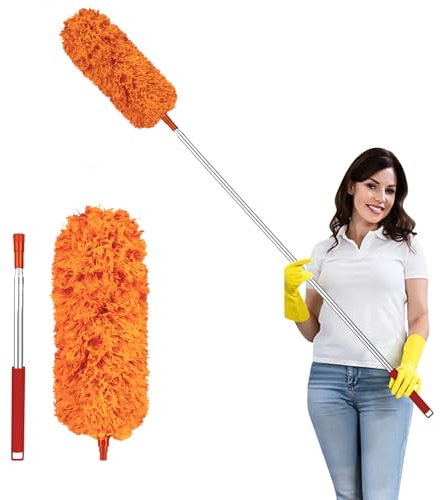 Fogray 2025 Upgraded Extendable Feather Duster with Soft Silicone Cap, Telescopic Long Handled Microfiber Dusters for Cleaning, Cobweb High Ceiling Fan Roof Blinds Cars, Washable & Bendable(Orange)