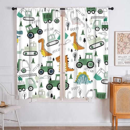 LYJKLST Cartoon Dinosaurier Gardine Kurz Kälteschutz Vorhang 2er Set H 160 x B 100 cm Niedliche Dino Auto LKW Thermal Curtains Bagger Kran Traktor Scheibengardine Blickdicht VorhäNge