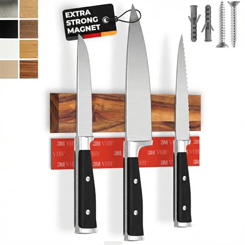 CUCINO Barra Magnética para Cuchillos Autoadhesiva – Ganadora de Comparativas, Imán Extra Fuerte – Instalación Fácil con Cinta 3M sin Taladrar, Acacia 25 cm