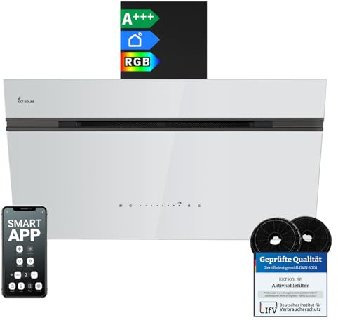 KKT KOLBE Dunstabzugshaube Wandhaube AURORA9005SW, 90 cm kopffrei | 782 cbm/h, Abluft und Umluft, weißes Glas, schwarz weiß, SensorTouch-Bedienung, RGBW-LED-Beleuchtung, Smart-WiFi-App, WLAN