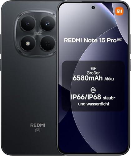 XIAOMI Redmi Note 15 Pro 5G Smartphone 8+256 GB – 6580-mAh-Akku, IP66/IP68 Staub- und Wasserschutz, Neue 200-MP-Kamera, 6,83 AMOLED-Display, Schwarz