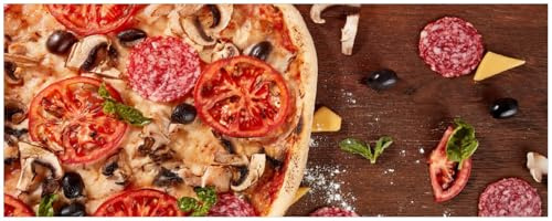 Wallario Küchenrückwand selbstklebend 115 x 50 cm, Motiv: Pizza mit Tomaten, Salami, Oliven und Pilzen | Spritzschutz abwischbar & pflegeleicht