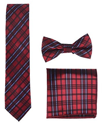 WANYING Herren Klassische 6 * 12cm Fliege & 6cm Schmale Krawatte & 22 * 22 cm Einstecktuch 3 in 1 Sets - Kariert Rot Blau Dunkelrot