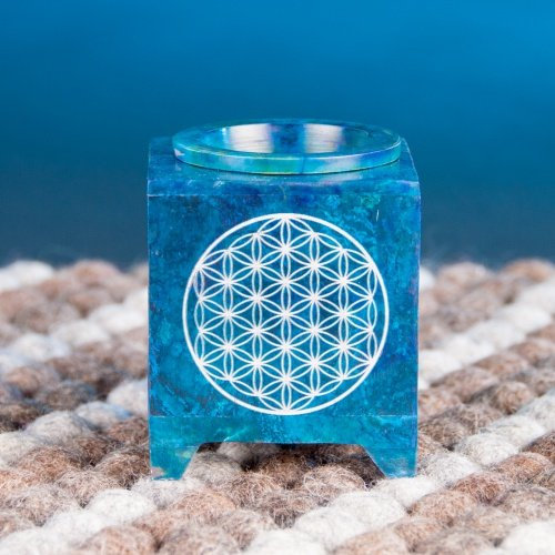 Aromalampe Blume des Lebens Speckstein blau 7,5 x 7,5 x 10 cm, Esoterik