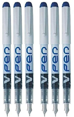 3X Blue V Pen Fountain Pen Disposable Medium Line Liquid Ink (Pack of 6)