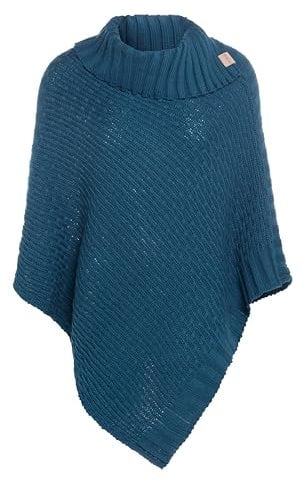 KNIT FACTORY - Nicky Gestrickter Poncho - Damen Strickponcho mit Kragen - Mit Wolle - Hochwertige Qualität - Petrol