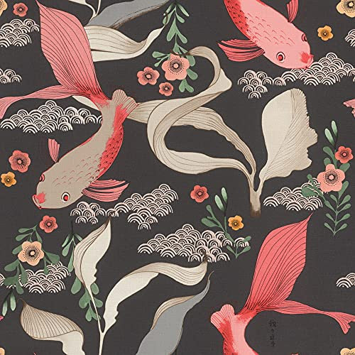 Rasch Wallpaper 539851 Non-Woven Wallpaper with Koi Carp in Rose and Plants in Green on Black Background with Textile Structure from The Amazing Collection 10.05 m x 53 cm (L x W) Black
