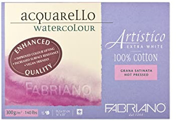 Honsell 19303551 Fabriano Artistico Acquarello Watercolour, extra weiß, satiniert hot Pressed, 35,5 x 51 cm, 15 Blatt 300 g/m², hochwertiger Künstler-Aquarellkarton, Block 4-seitig geleimt