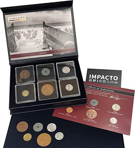 IMPACTO COLLEZIONABILI | 6 Monete Autentiche della Seconda Guerra Mondiale - Collezione D-Day (1944) in Elegante Custodia, Ispezionate da Esperti | Include Certificato di Autenticità