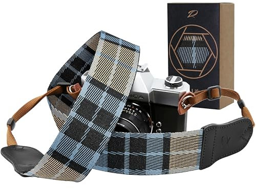Padwa Lifestyle Blue Stripes Camera Strap - 2 Wide Cowhide Head, Embroidered Cotton Woven Vintage Camera Straps,Universal Neck & Shoulder Strap for All DSLR Cameras and Photographers